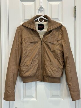 Tan Faux Leather Cropped Bomber Jacket Sz 4-6 EUC